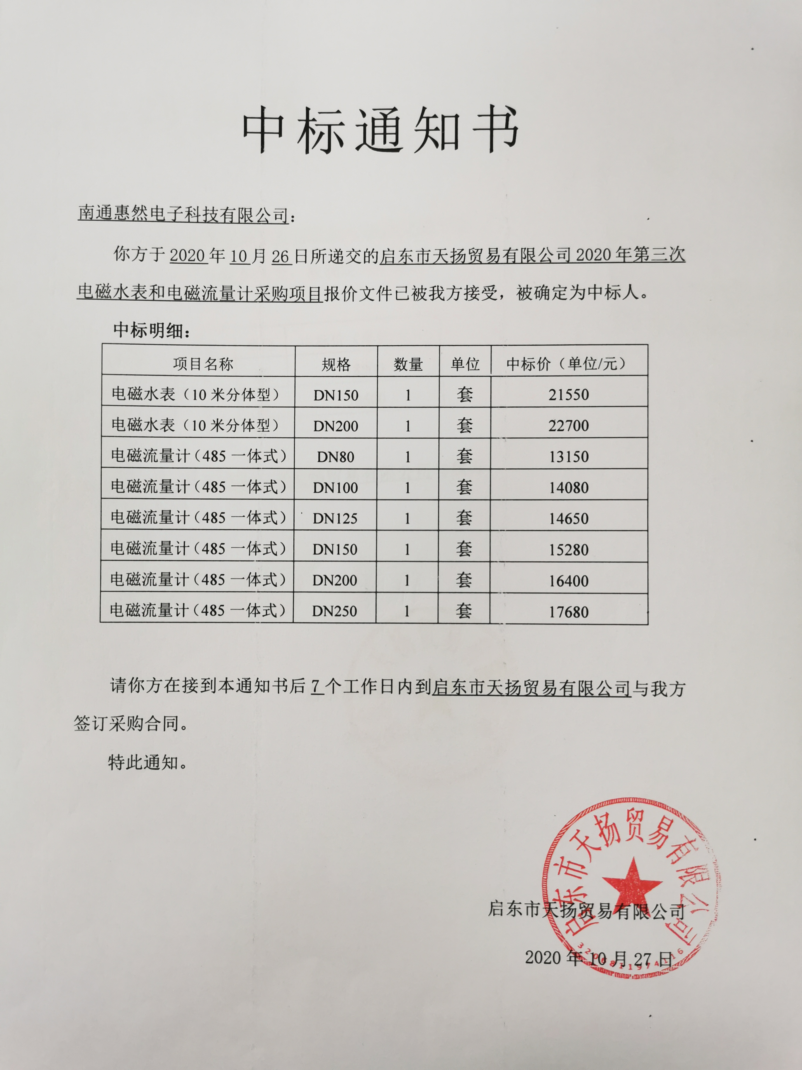 天扬贸易公司2020年第三次电磁水表流量计中标公示(图1)
