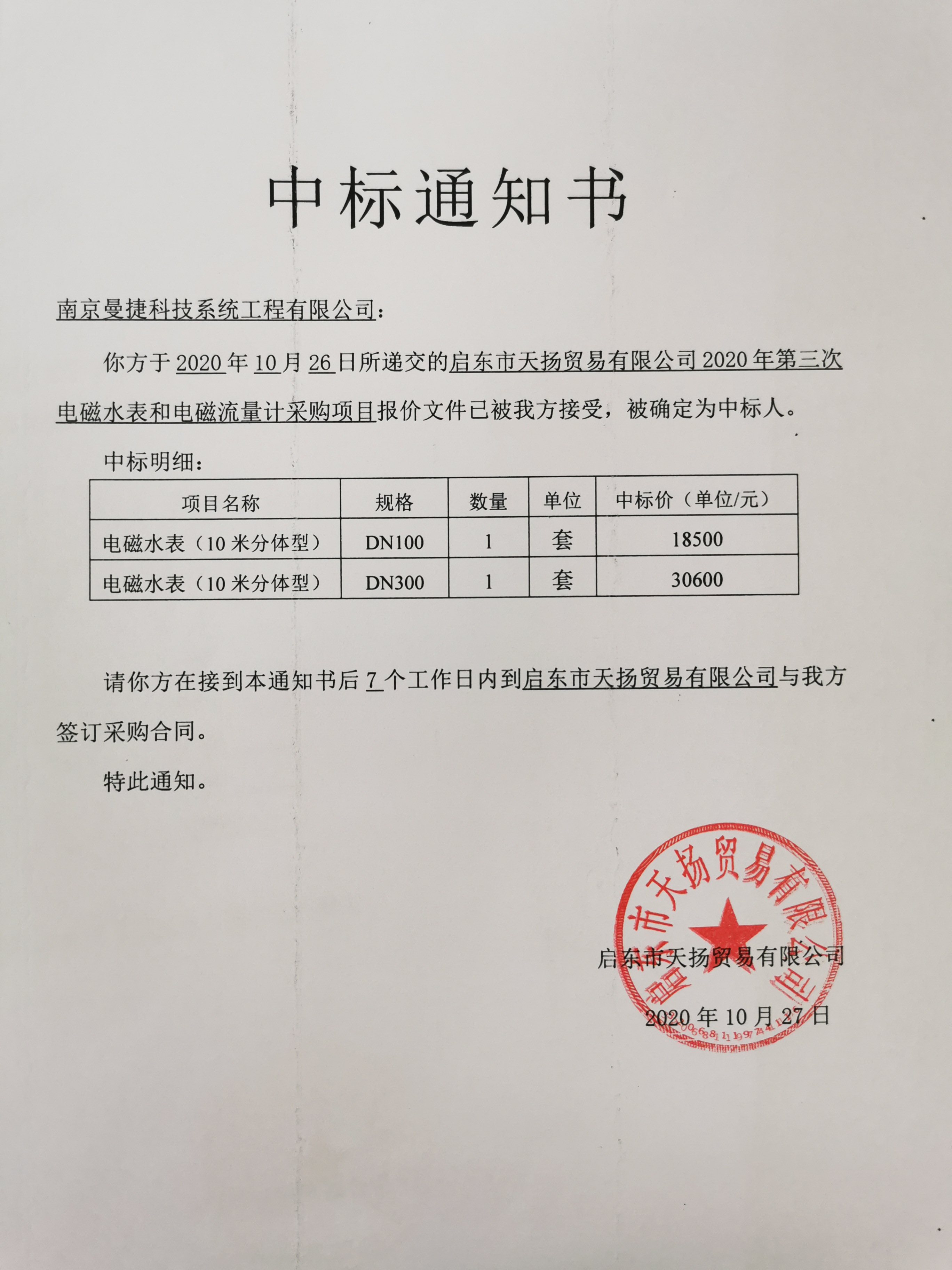 天扬贸易公司2020年第三次电磁水表流量计中标公示(图2)